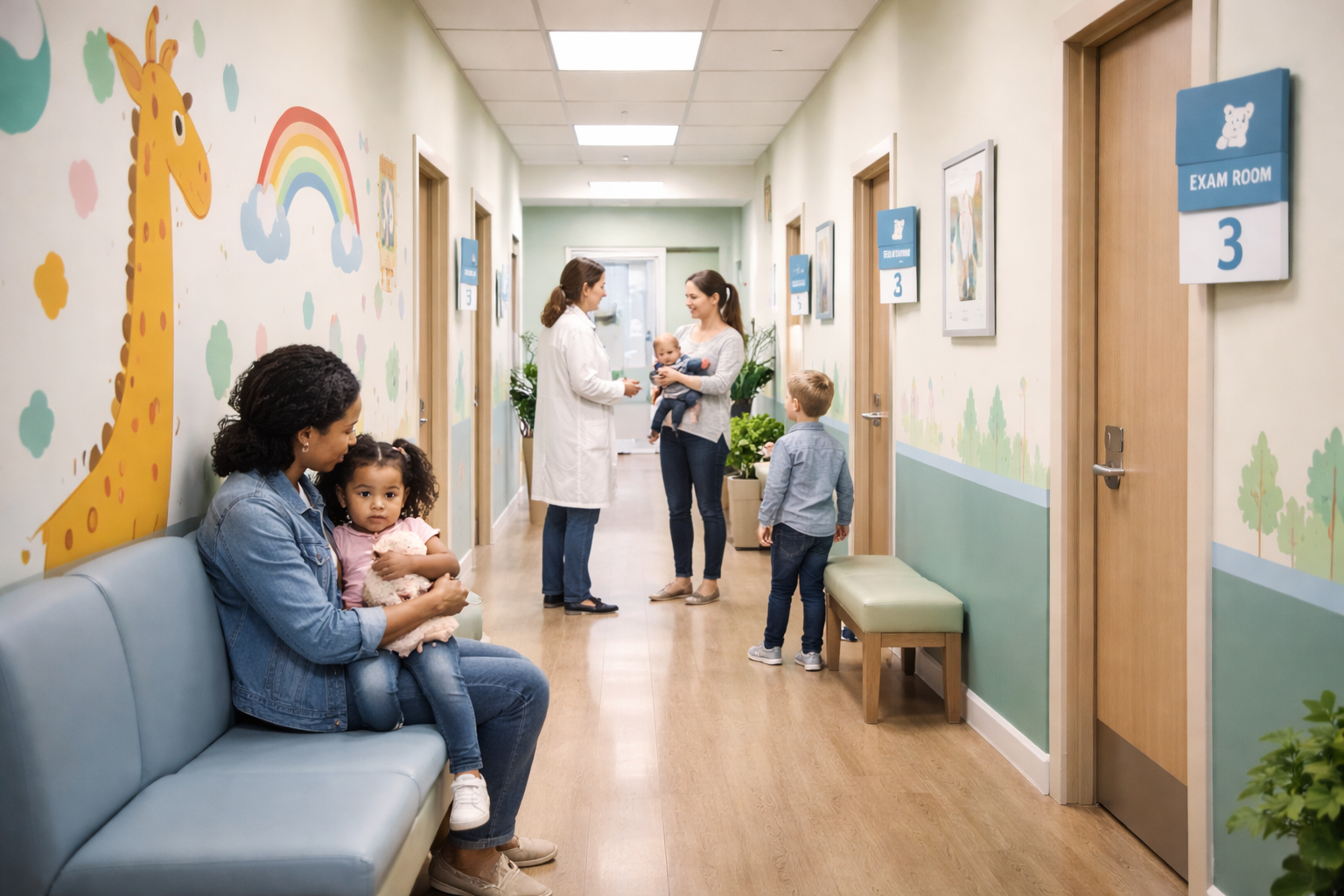 Pediatric clinic hallway concept representing well-child visits and utilization outcomes in a prenatal cannabis exposure study
