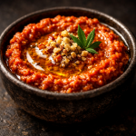 Bowl of roasted red pepper and walnut muhammara with olive oil drizzle on a dark ceramic surface