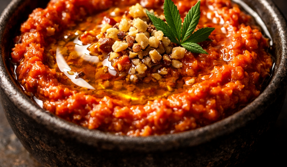 Bowl of roasted red pepper and walnut muhammara with olive oil drizzle on a dark ceramic surface
