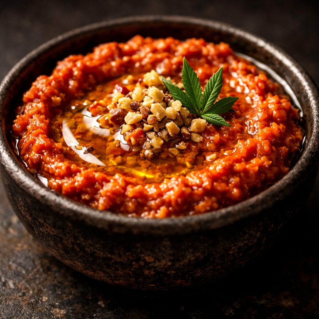 Cannabis Muhammara Dip Recipe 2 Bowl of roasted red pepper and walnut muhammara with olive oil drizzle on a dark ceramic surface