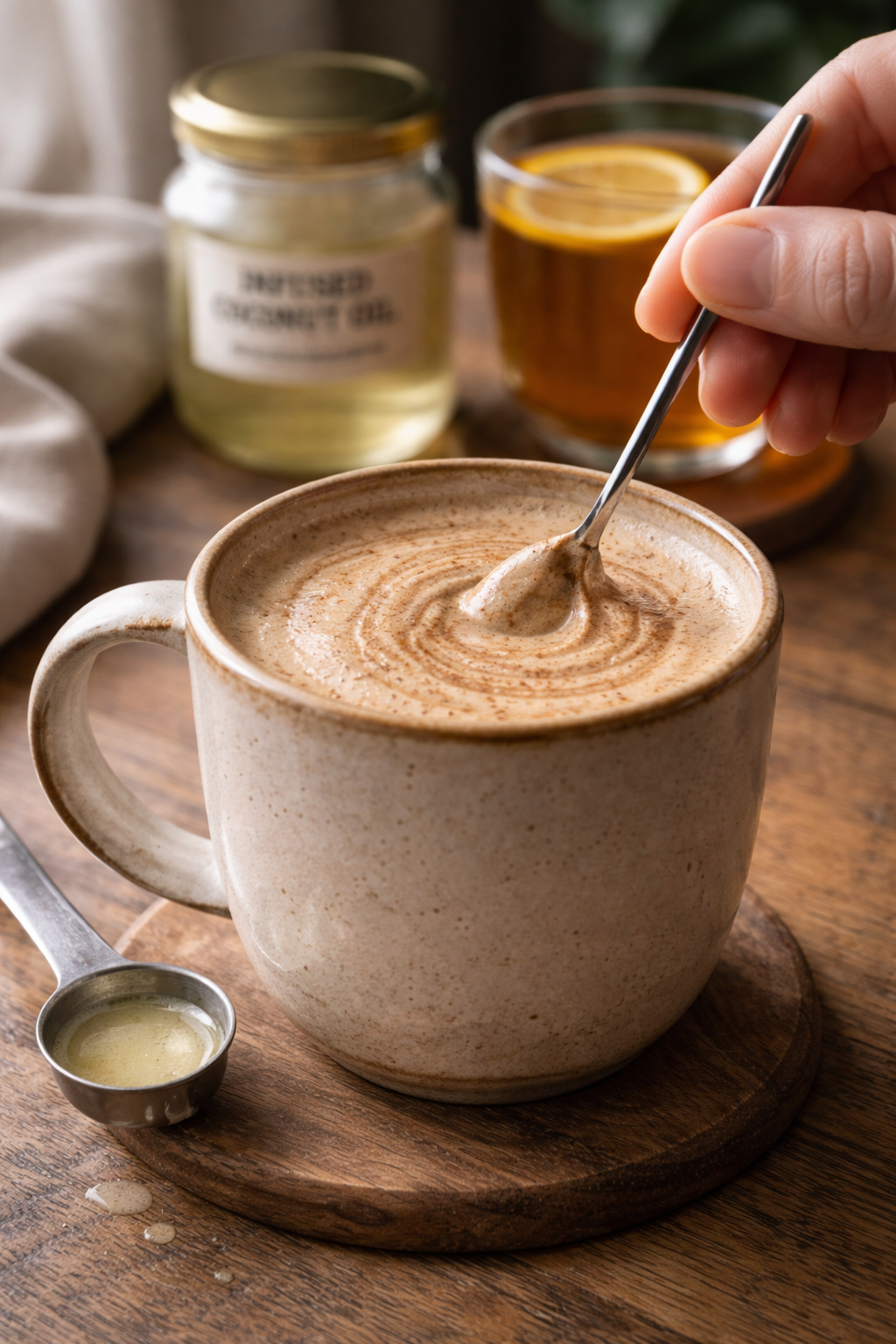 Homemade medicated coffee being stirred and frothed in a mug beside a measuring spoon and infused oil