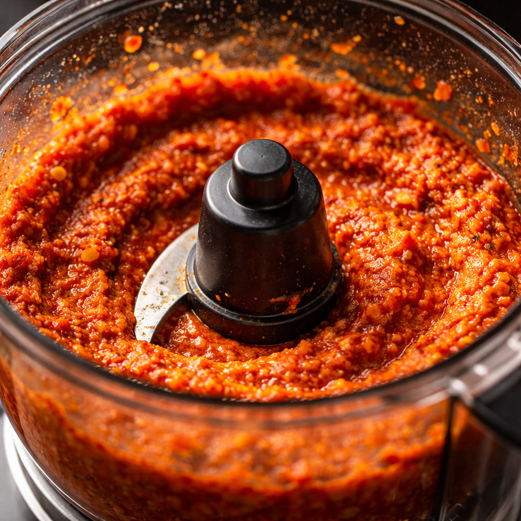 Cannabis Muhammara Dip Recipe 3 Muhammara blending in a food processor with visible red pepper and walnut texture