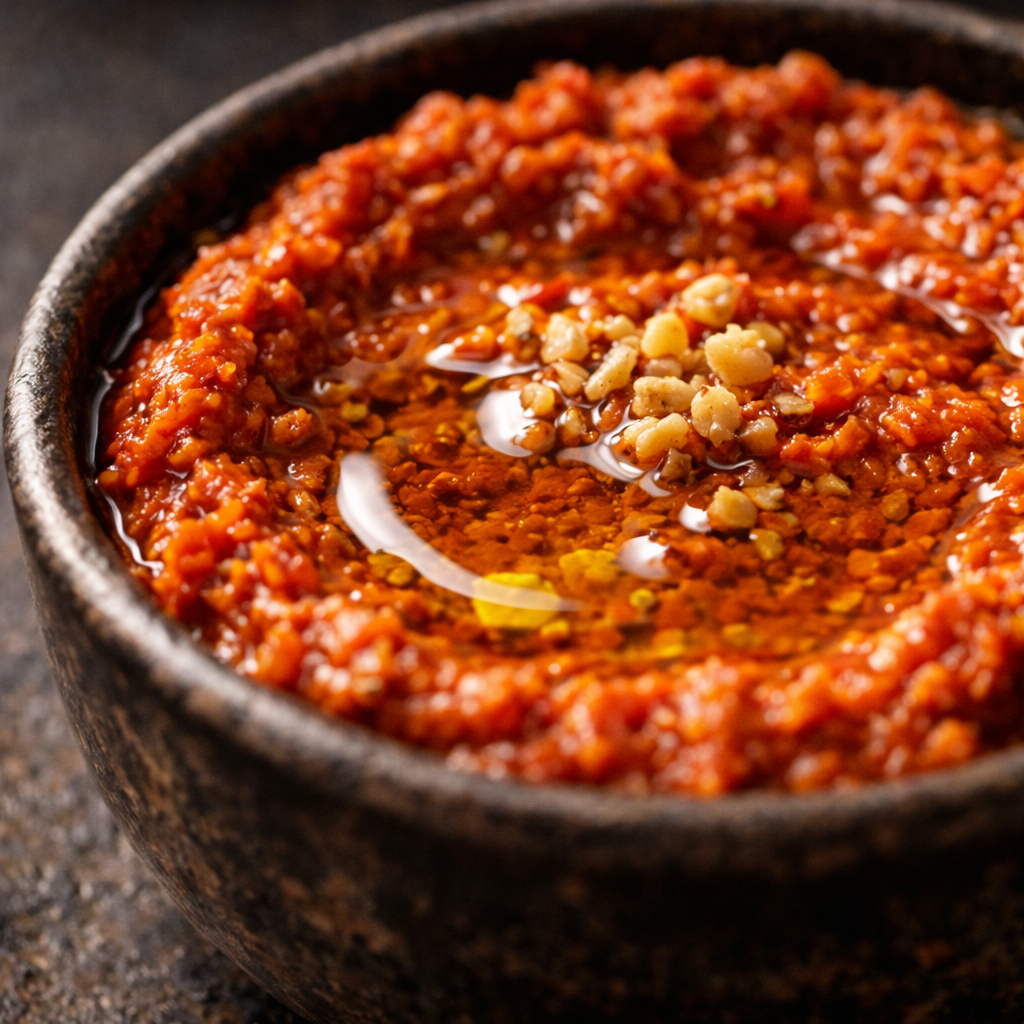 Cannabis Muhammara Dip Recipe 4 Olive oil drizzle pooling on the surface of roasted red pepper dip in a small bowl