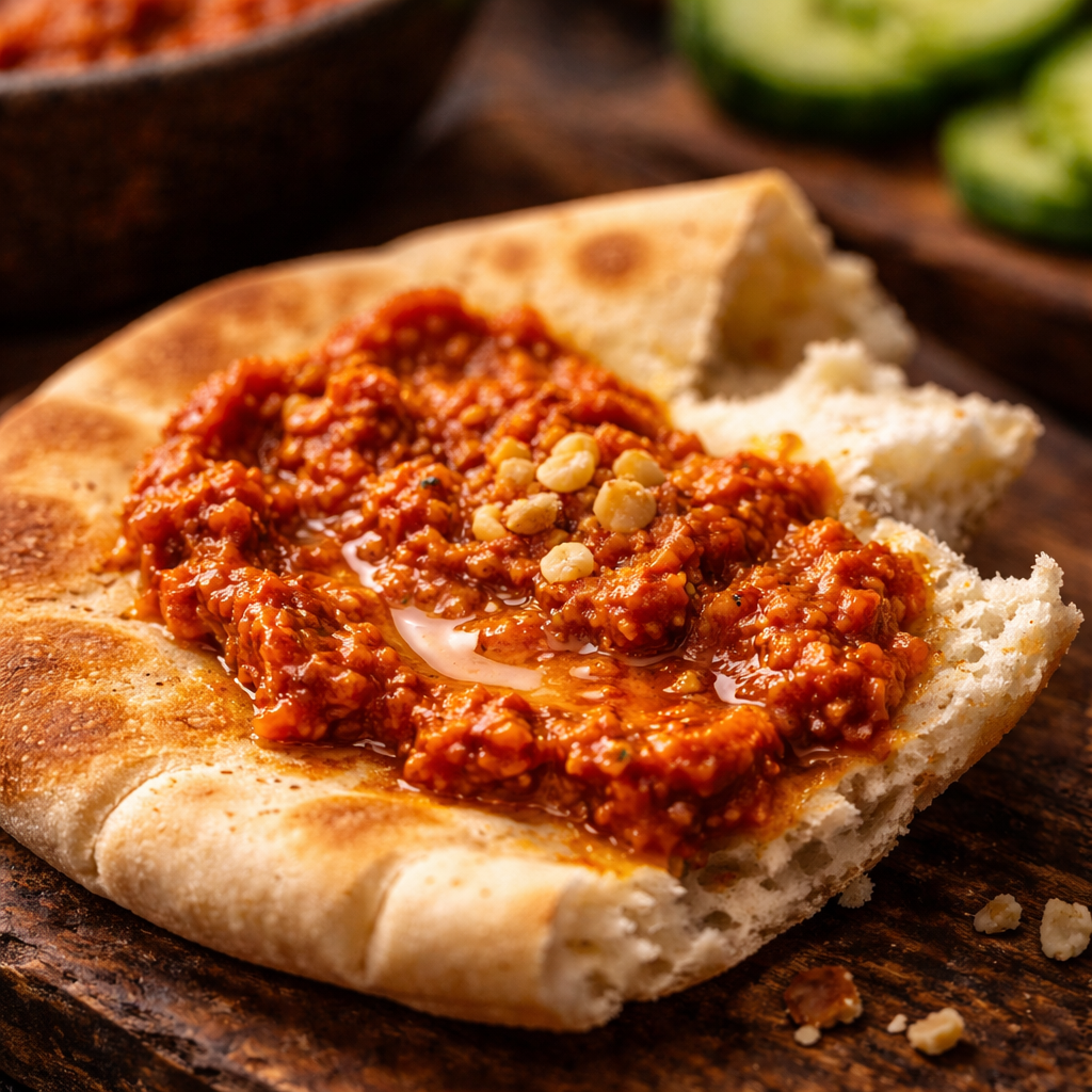 Cannabis Muhammara Dip Recipe 5 Muhammara spread on a torn piece of pita bread with a warm, rustic look