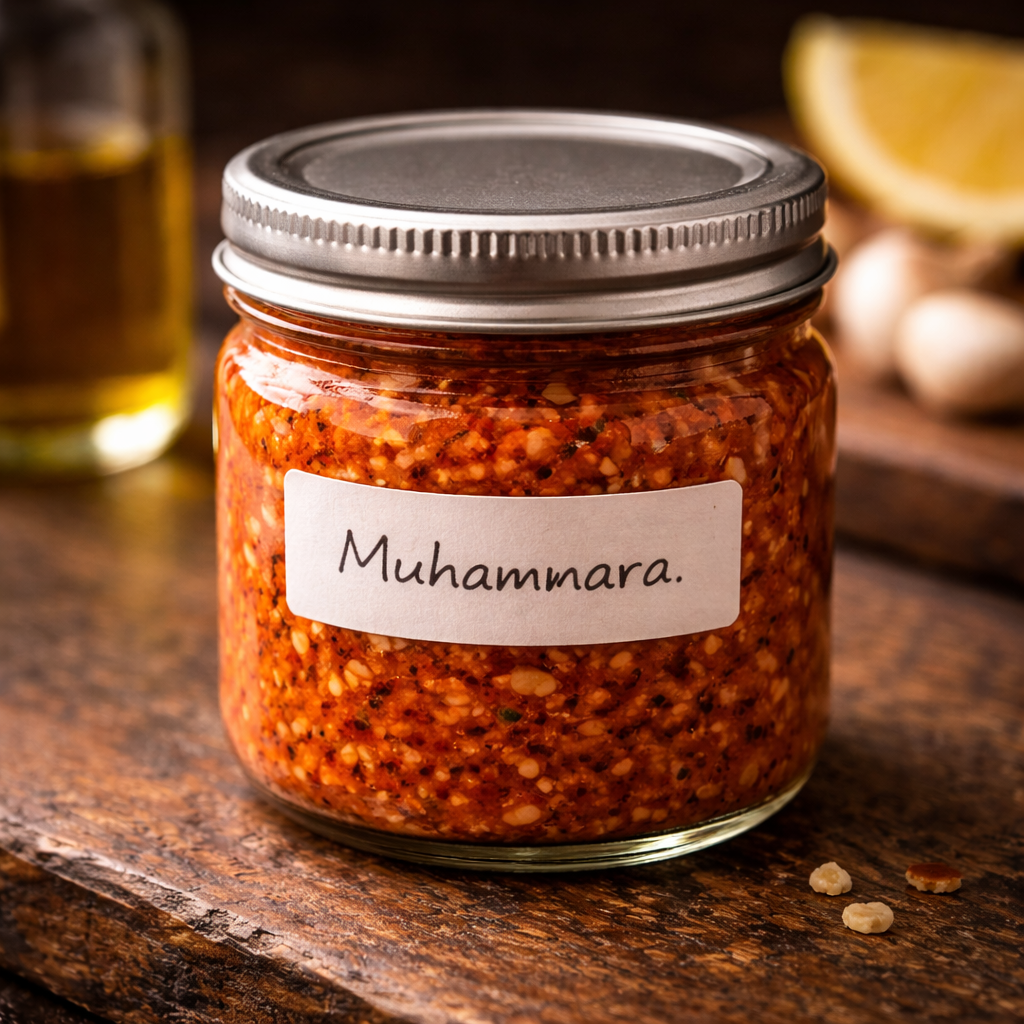 Cannabis Muhammara Dip Recipe 6 Small glass container of muhammara with a simple label on a kitchen counter