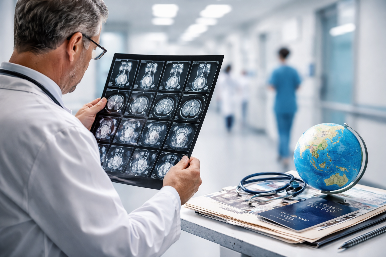 Physician reviewing diagnostic imaging in a hospital beside travel documents and a globe, representing neuroendocrine tumor evaluation and treatment planning abroad.