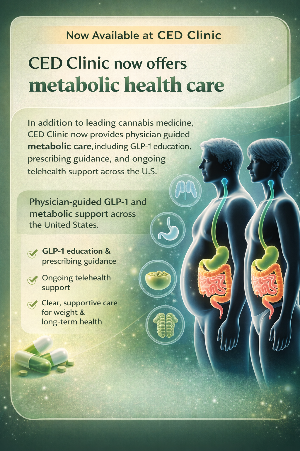 Promotional graphic for CED Clinic announcing metabolic health care, featuring two gender-ambiguous human figures with illustrated digestive anatomy and text describing physician-guided GLP-1 education, prescribing guidance, and nationwide telehealth support.