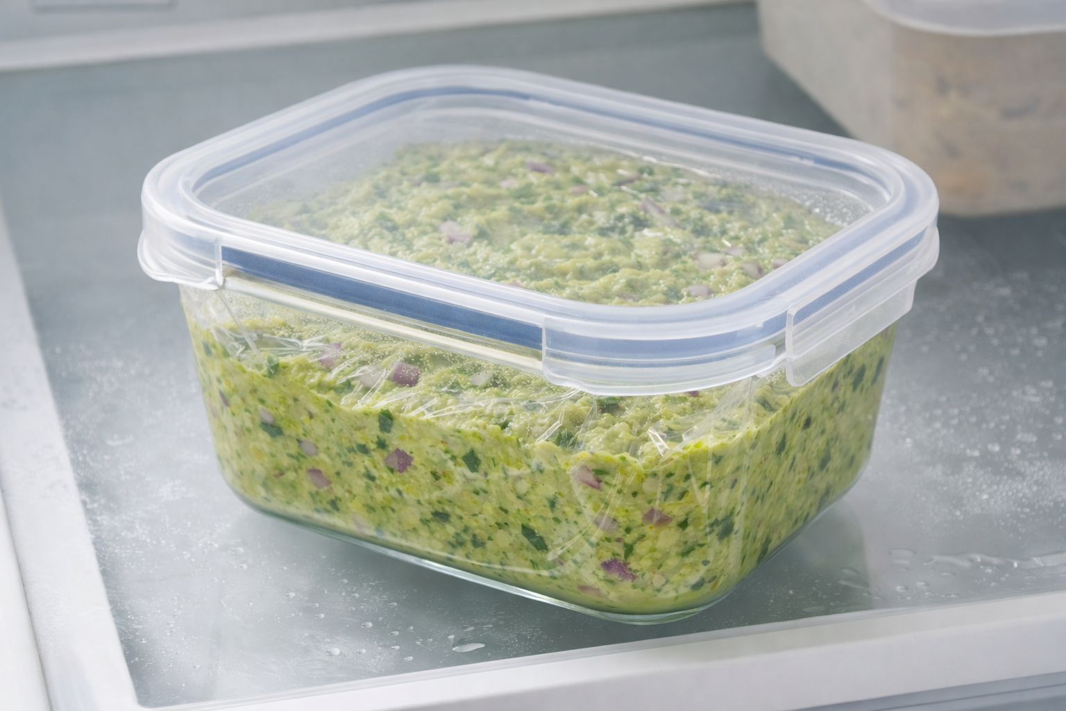 Cannabis-infused creamy avocado dip stored in a sealed glass container with plastic wrap pressed to the surface