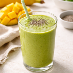 Cannabis-infused green smoothie served beside a light breakfast Image title: Serving the Cannabis-Infused Green Smoothie