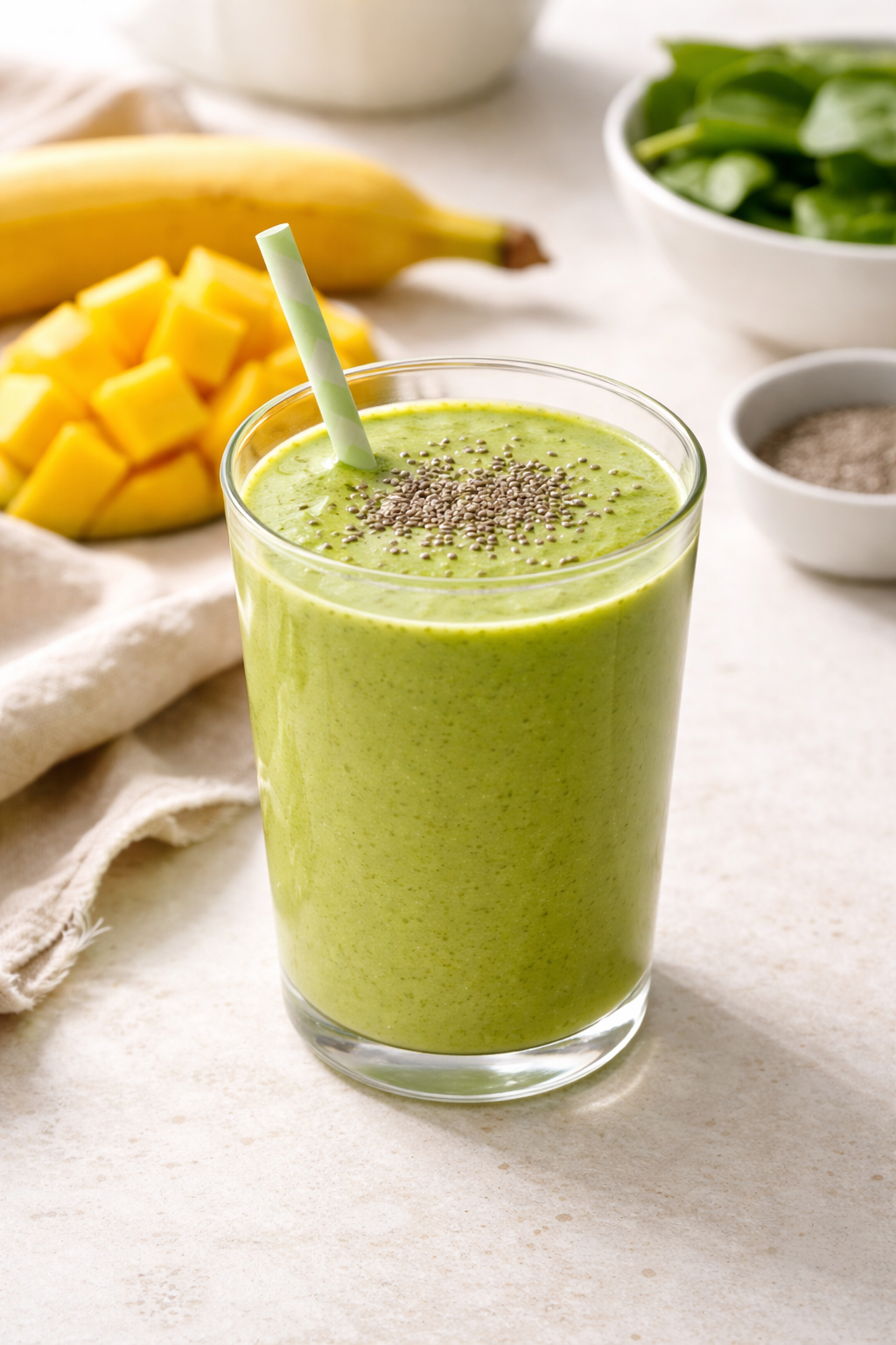 Cannabis-infused green smoothie served beside a light breakfast Image title: Serving the Cannabis-Infused Green Smoothie