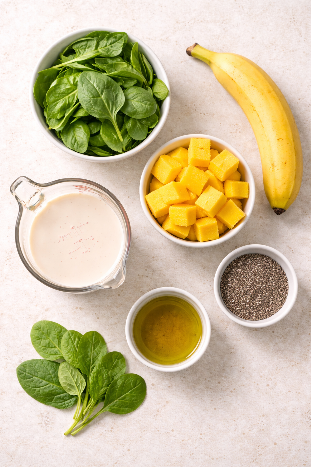 Ingredients for a cannabis-infused green smoothie arranged on a countertop