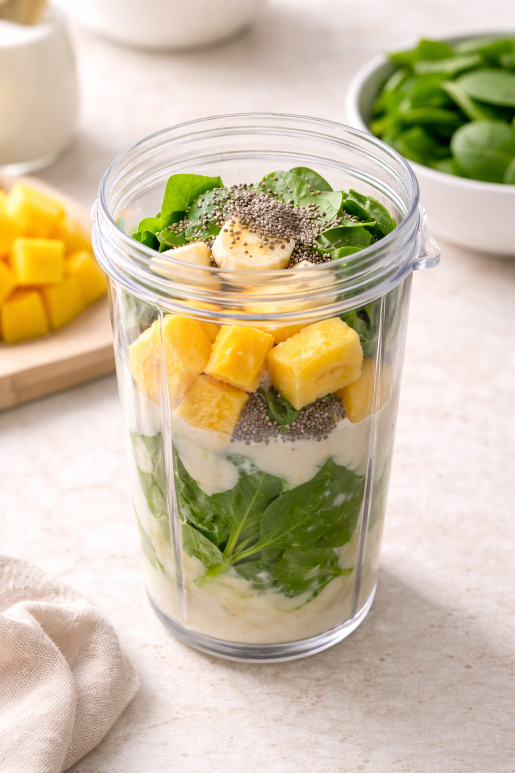 Cannabis-infused Green Smoothie 4 Blender filled with ingredients for a cannabis-infused green smoothie before blending