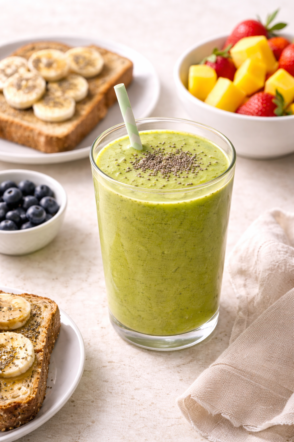 Cannabis-infused green smoothie served beside a light breakfast