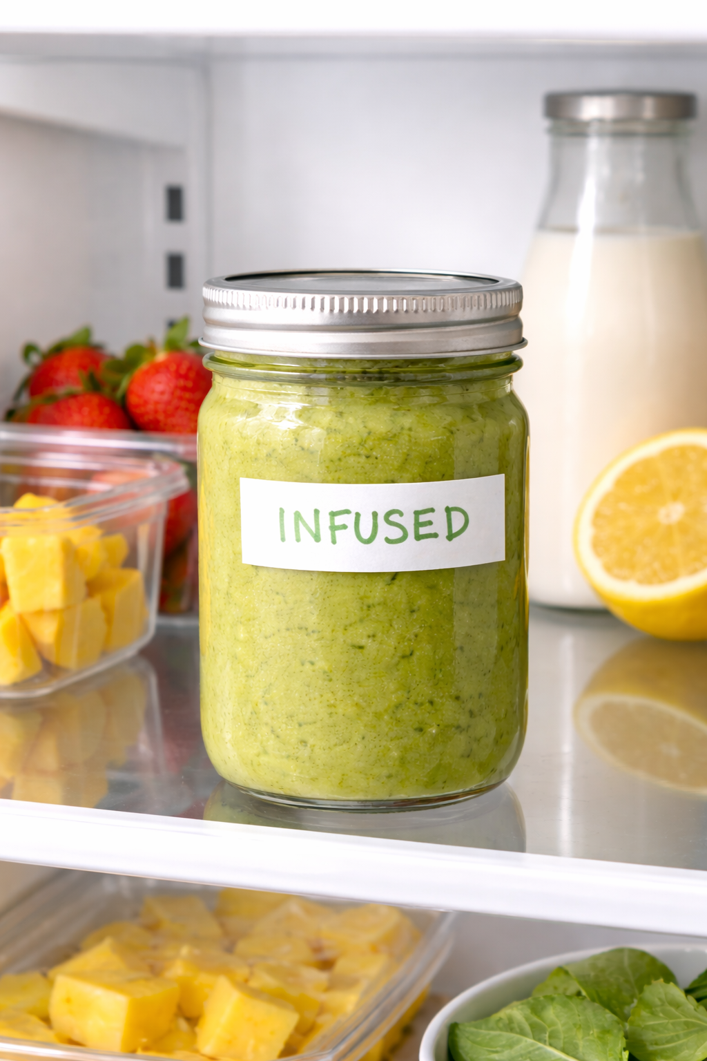 Labeled jar of cannabis-infused green smoothie stored in a refrigerator
