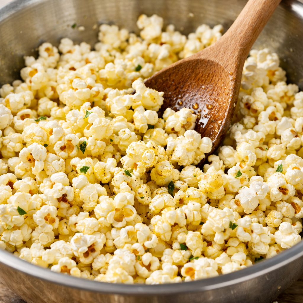 Fresh popcorn being mixed with infused butter or oil in a bowl for even coating