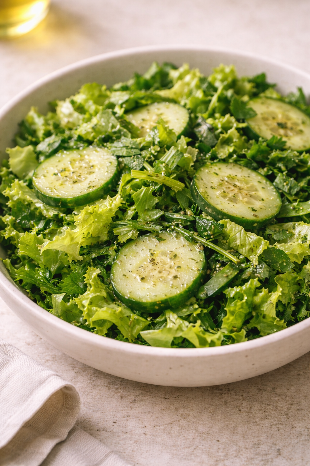 Finished salad tossed with cannabis salad dressing and fresh herbs