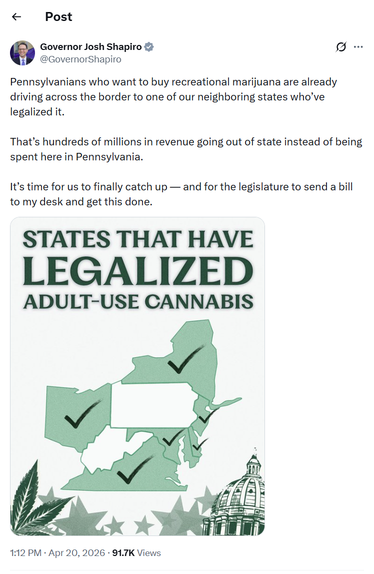 Governor of Pennsylvania tweeted out this map on 4/20 and says lawmakers should get it done already