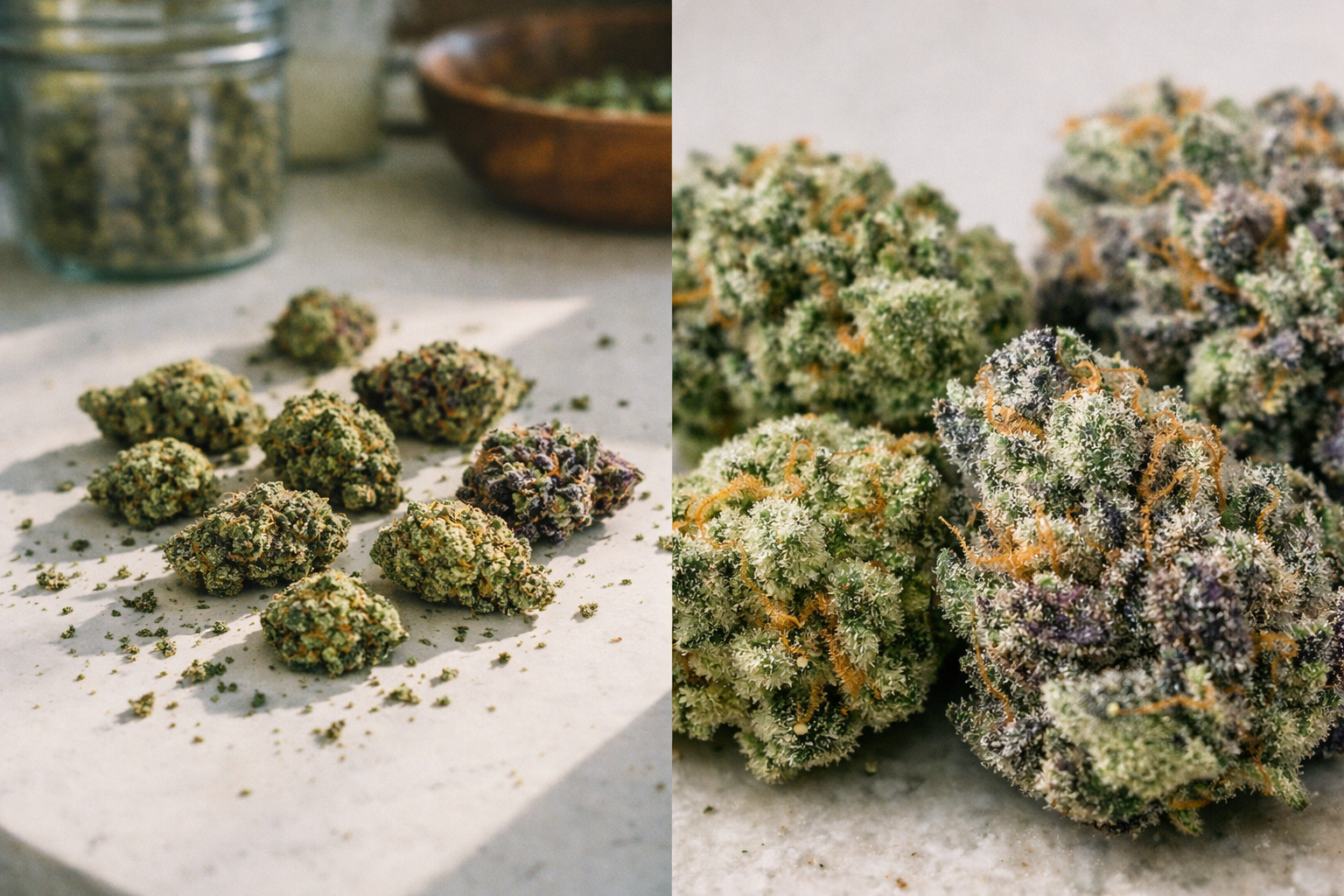 Cannabis flower on a table showing structure, trichomes, and visual freshness clues