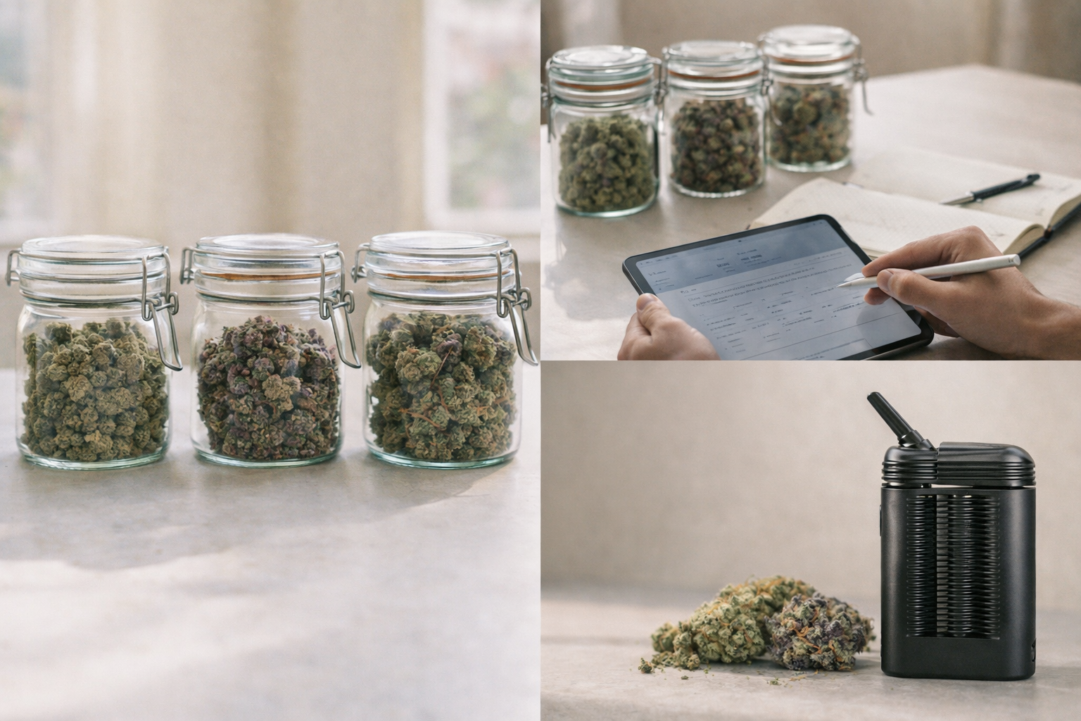 Cannabis flower in jars beside a tablet during a thoughtful flower selection process