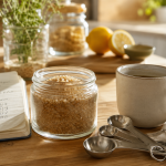 Specialty infused sugar beside measuring spoons and recipe notes in a bright kitchen.