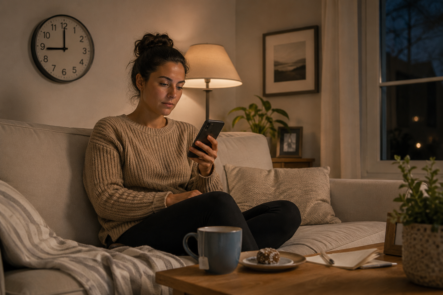 Person relaxing calmly at home while waiting and checking the time