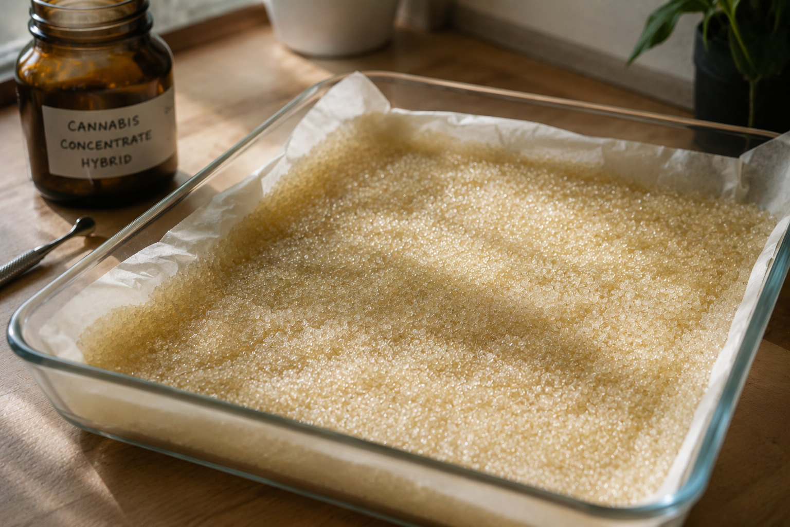 Drying concentrate cannabis sugar in parchment-lined glass baking tray