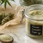 Flower cannabis sugar recipe inside a glass jar beside decarboxylated cannabis flower and parchment paper on a bright kitchen counter