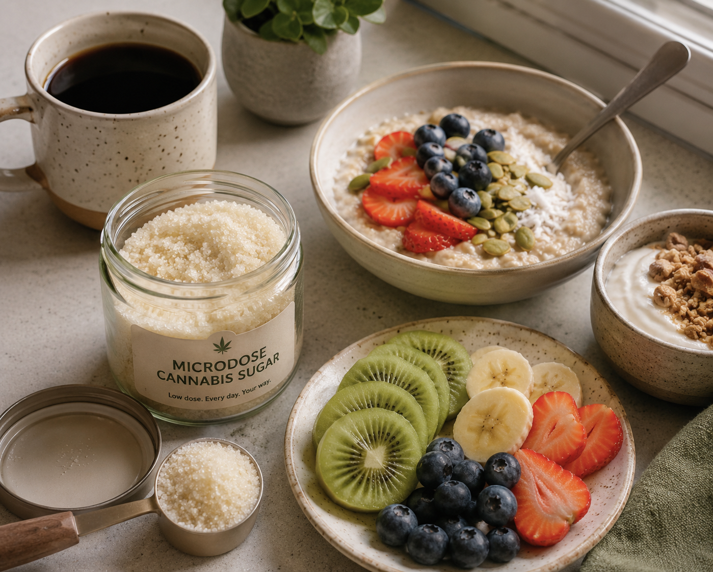 Microdose cannabis sugar served with coffee oatmeal and fruit