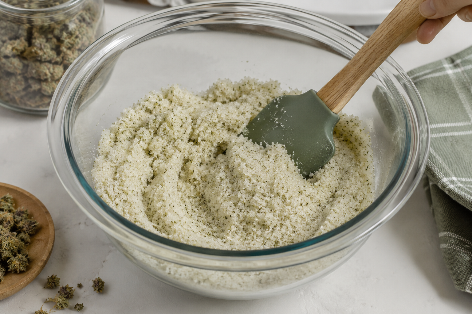Mixing CBD infused sugar during preparation in glass bowl