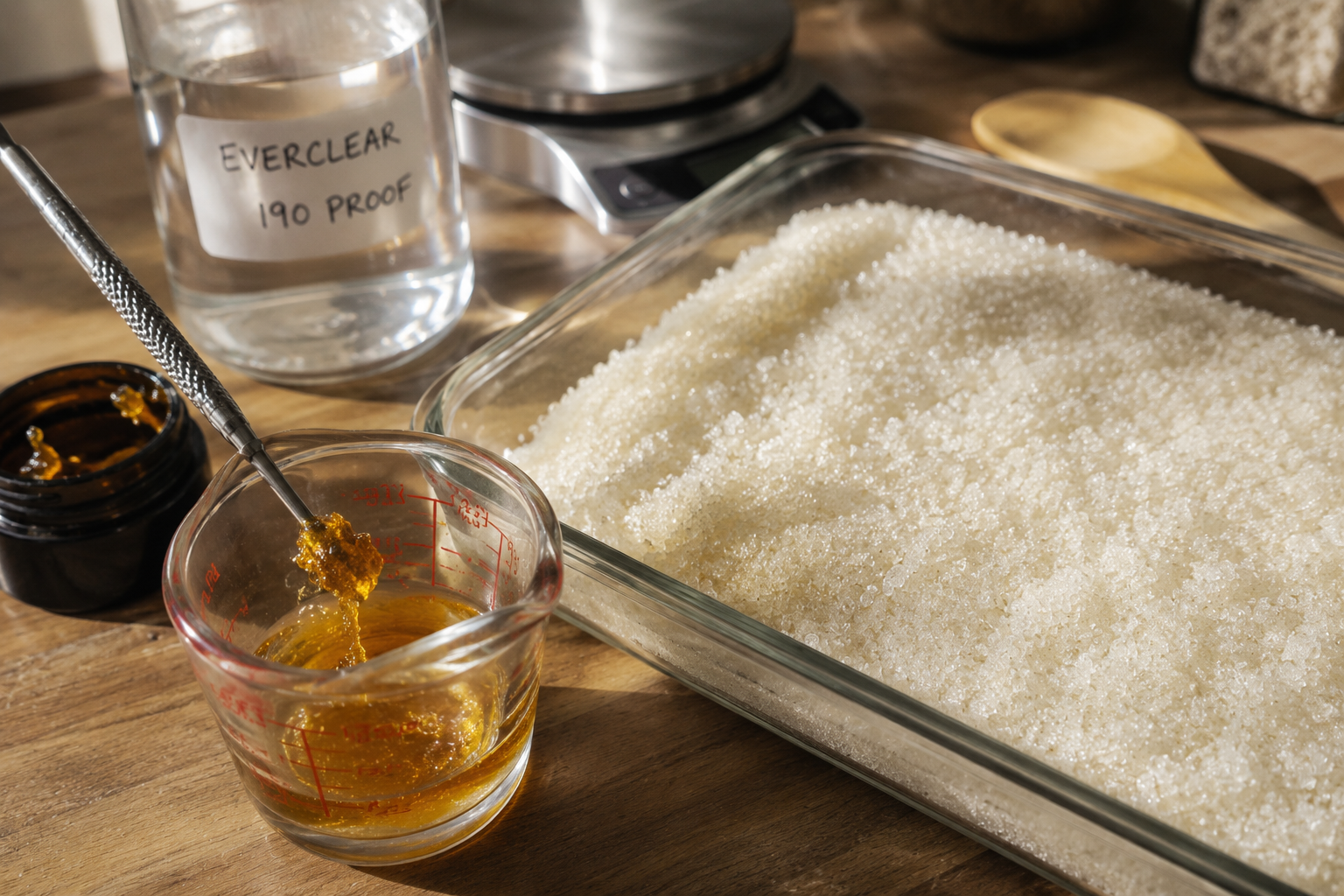Mixing concentrate cannabis sugar with dissolved THC concentrate in glass baking dish
