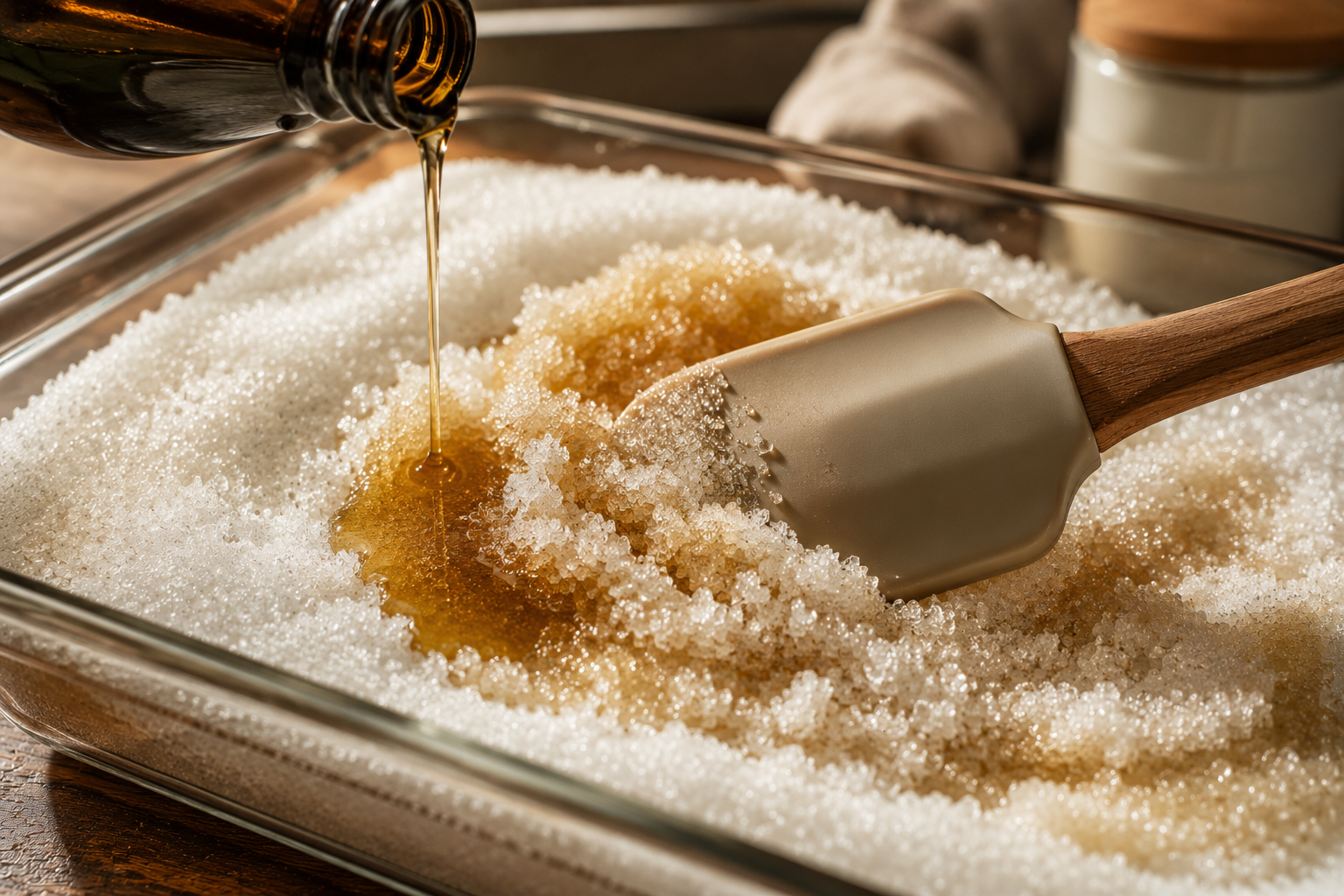 Mixing THC tincture into sugar in a glass baking dish