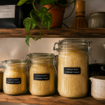 Stored concentrate cannabis sugar in airtight glass jars beside coffee and tea tools