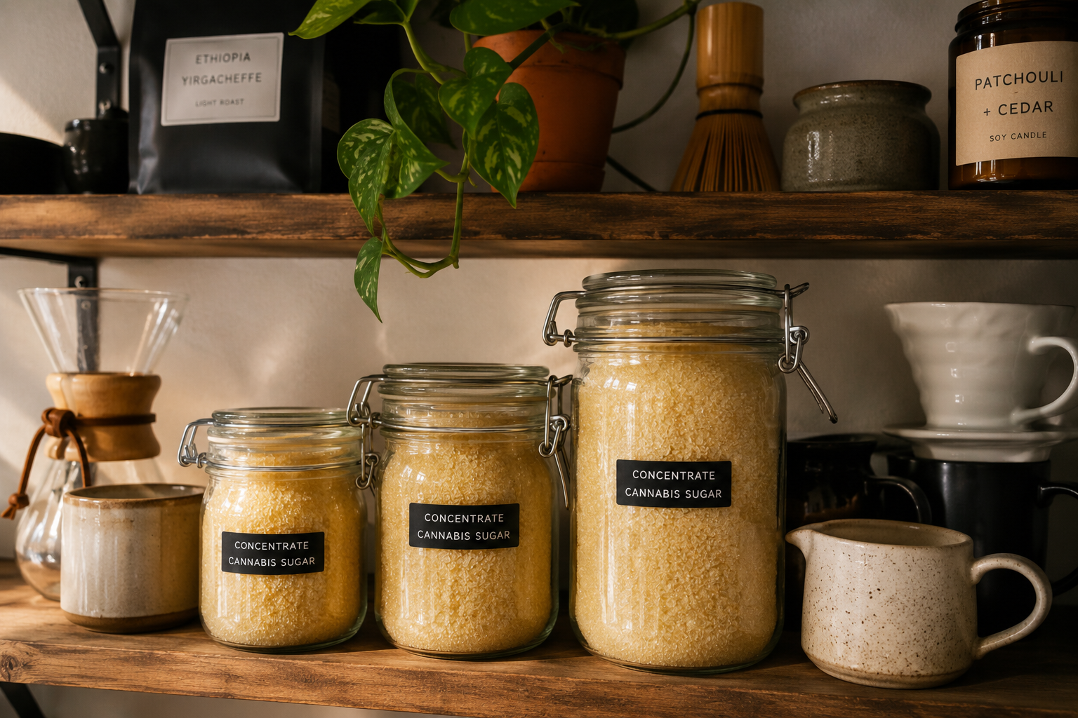Stored concentrate cannabis sugar in airtight glass jars beside coffee and tea tools