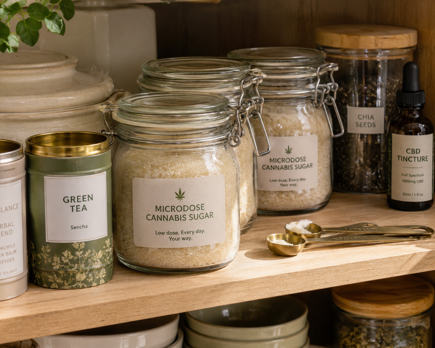 Stored microdose cannabis sugar inside airtight glass jars