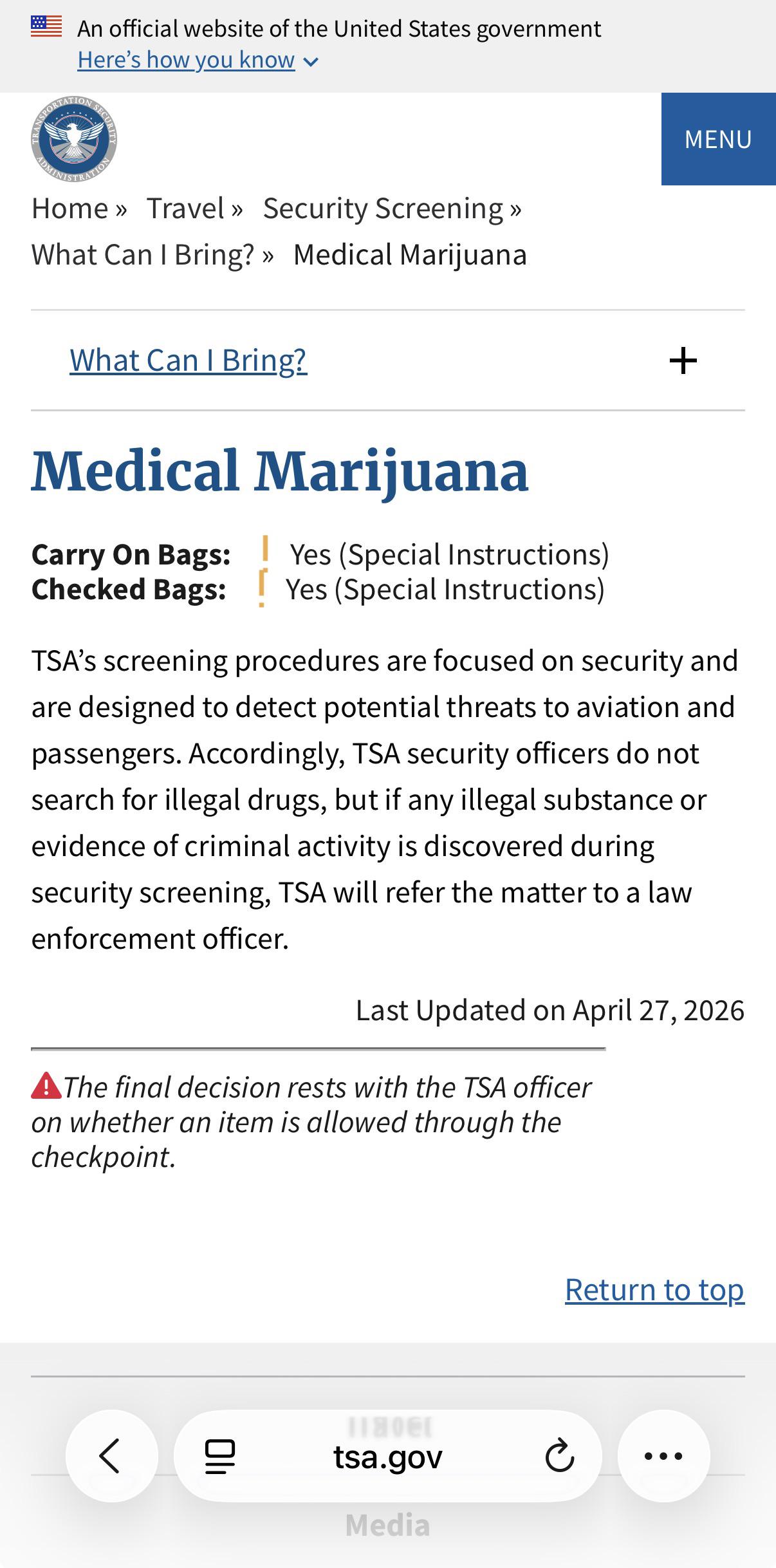 TSA has updated their website to allow Medical Marijuana in checked and carry on bags?