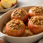 Cannabis baked apples in a ceramic baking dish with oat walnut cinnamon filling