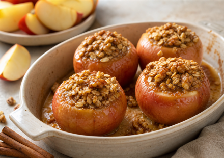 Cannabis baked apples in a ceramic baking dish with oat walnut cinnamon filling