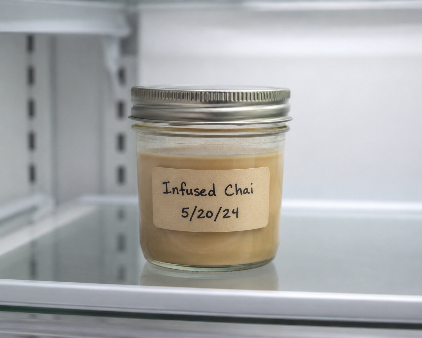 Labeled container of stored cannabis chai latte in a refrigerator-safe jar