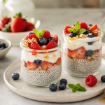 Cannabis chia berry parfait layered in glass jars with berries, yogurt, chia pudding, granola, and mint