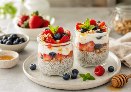 Cannabis chia berry parfait layered in glass jars with berries, yogurt, chia pudding, granola, and mint