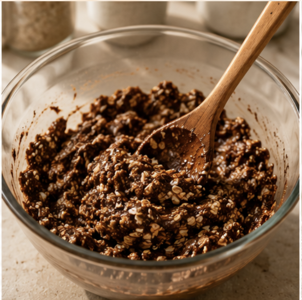 Cannabis energy ball dough being mixed in a bowl with oats, coconut, cacao, nut butter, and measured infused oil