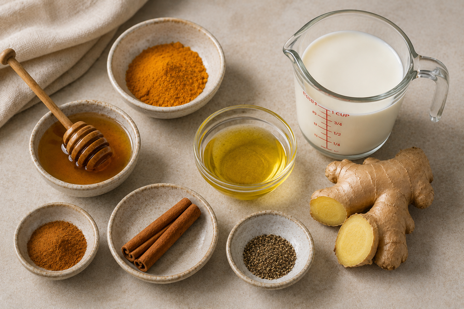 cannabis golden milk measured ingredients arranged with clinical clarity with warm editorial food photography