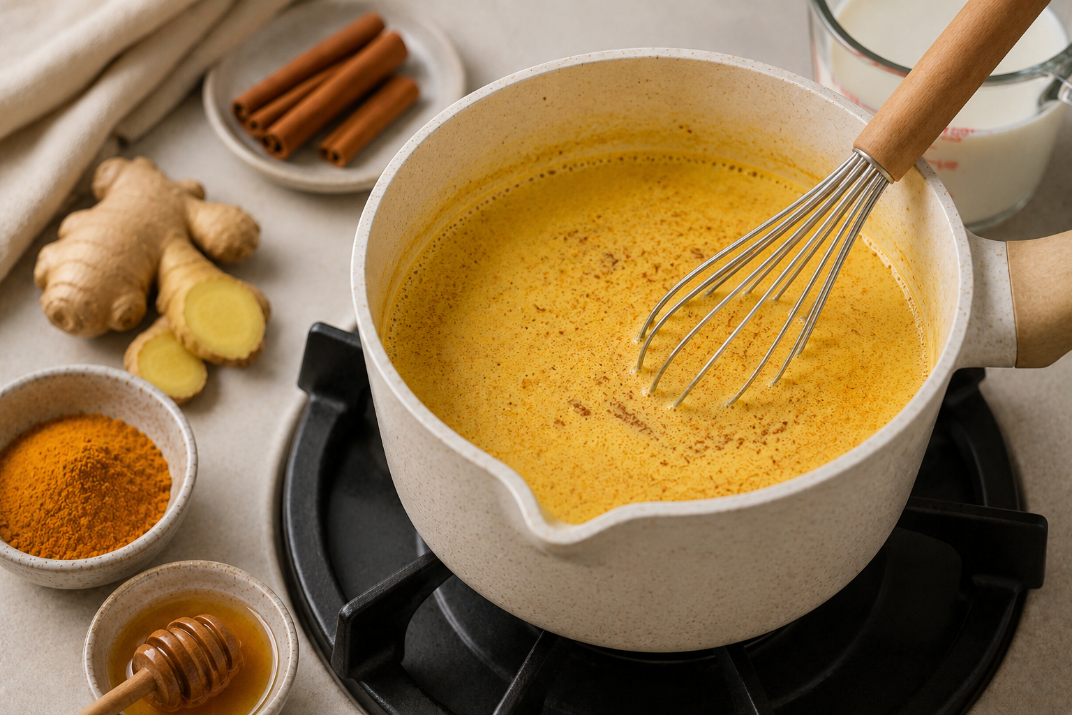 cannabis golden milk the most active preparation step in progress with warm editorial food photography
