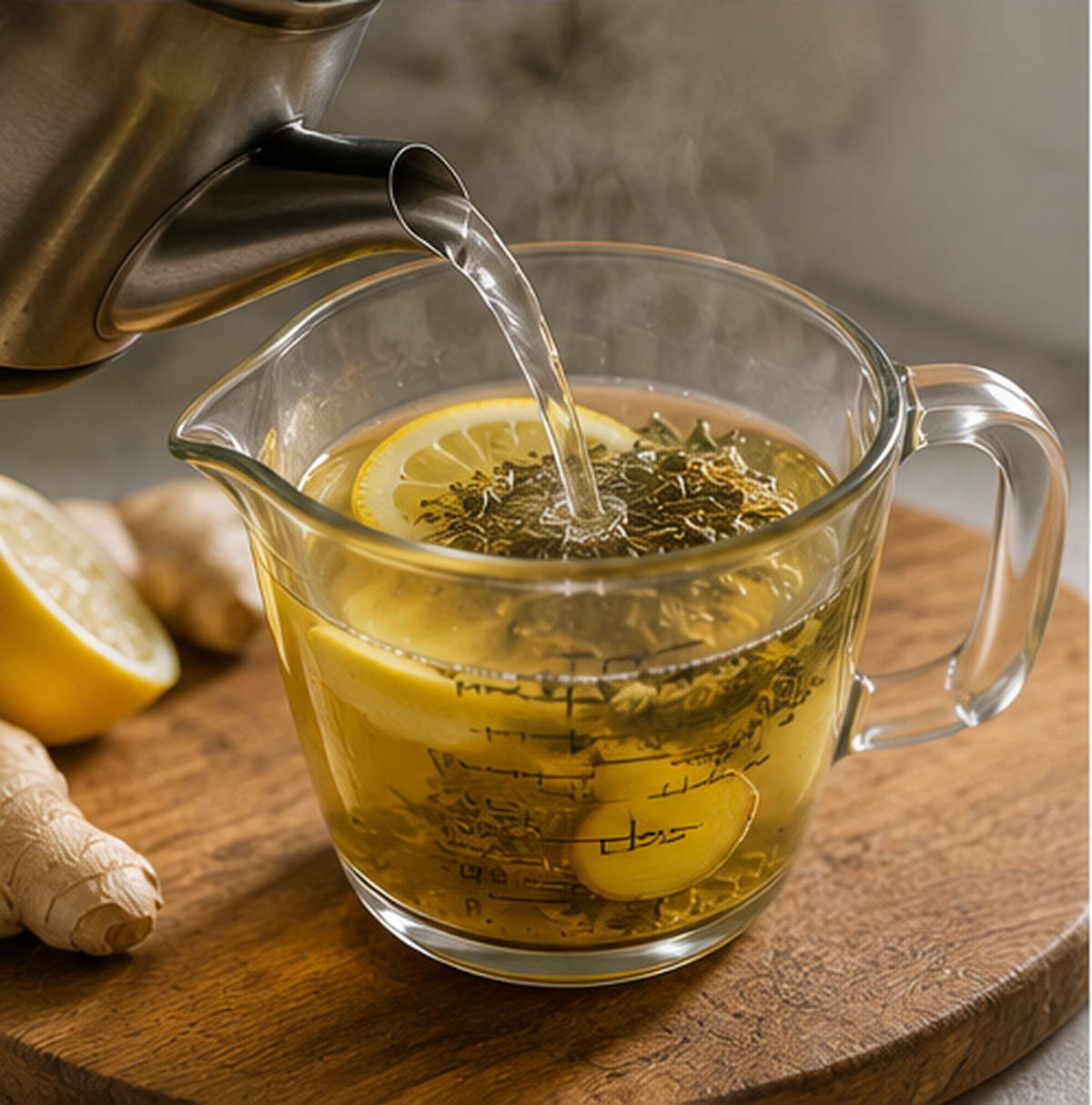 cannabis lemon ginger tea the most active preparation step in progress with warm editorial food photography