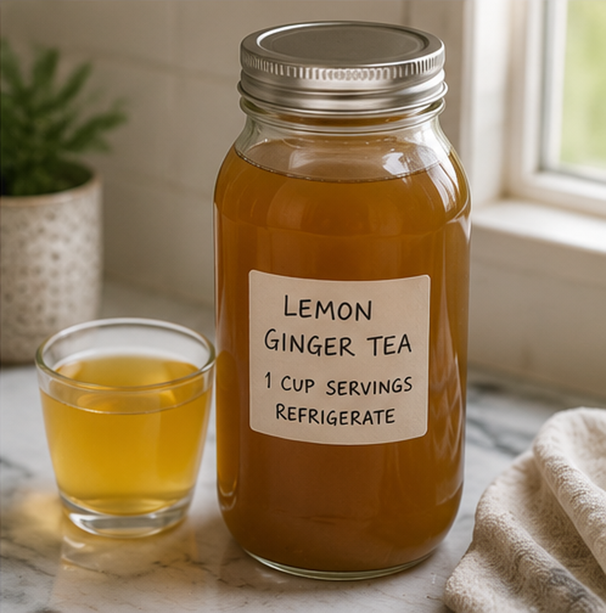 cannabis lemon ginger tea a labeled storage container or serving setup with warm editorial food photography