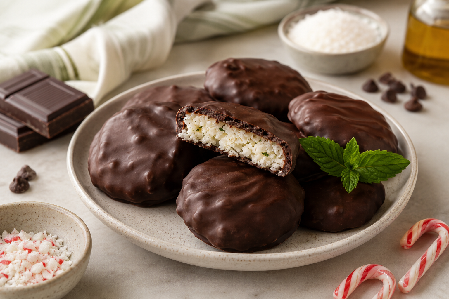 Cannabis peppermint patties arranged on a ceramic plate with dark chocolate and mint nearby
