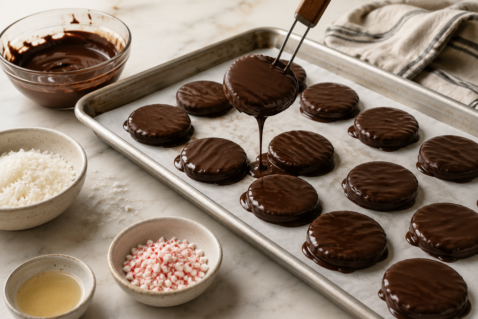 Finished cannabis peppermint patties on a serving plate with a coconut center visible