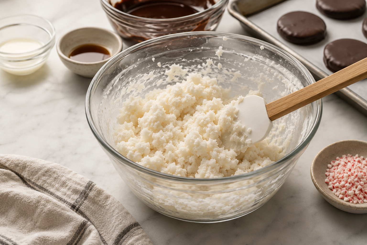 Measured ingredients for cannabis peppermint patties including dark chocolate, coconut, peppermint extract, and infused coconut oil
