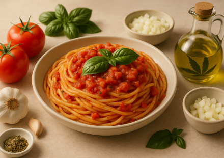 cannabis tomato pasta sauce finished recipe styled as the emotional anchor with warm editorial food photography