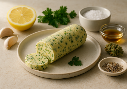 medicated garlic butter finished recipe styled as the emotional anchor with warm editorial food photography
